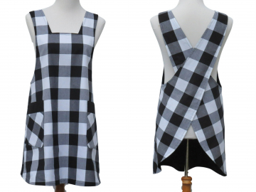 Women's Black & White Plaid Japanese Cross Back Style Apron