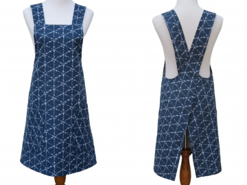 Women's Navy Blue & White Floral Cross Back Apron, Japanese Style Apron, 100% Cotton Canvas