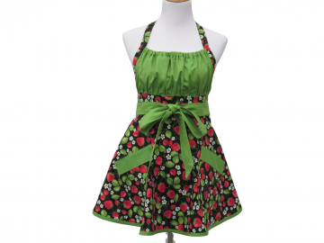 Women's Strawberries Retro Style Apron with a Gathered Bib and Full Circle Skirt, in Black, Green & Red, 100% Cotton