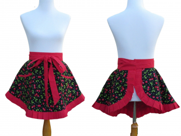 Women's Cherries Retro Style Half Apron, with Pleated Hem & Polka Dot Trim