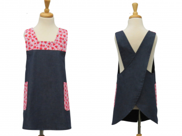 Girl's Denim Japanese Cross Back Style Apron with Strawberry Trim
