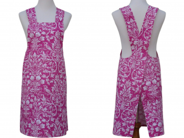 Women's Hot Pink & White Damask Floral Cross Back Apron, Magenta Japanese Style Apron, 100% Cotton Canvas