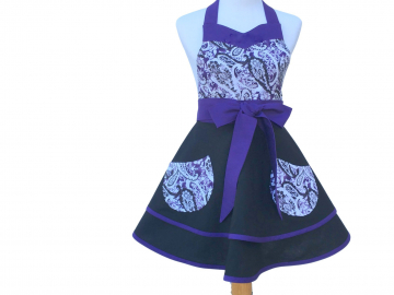 Women's Dressy Black & Purple Paisley Retro Apron