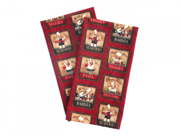 Novelty Chef Themed Cotton Tea Towels, Set of 2, in Dark Red, 100% Cotton